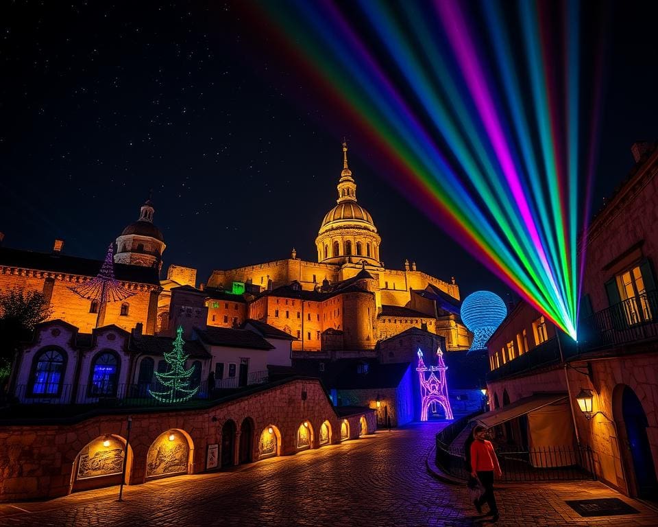 Bezoek een nachtelijk lichtfestival in een historische stad