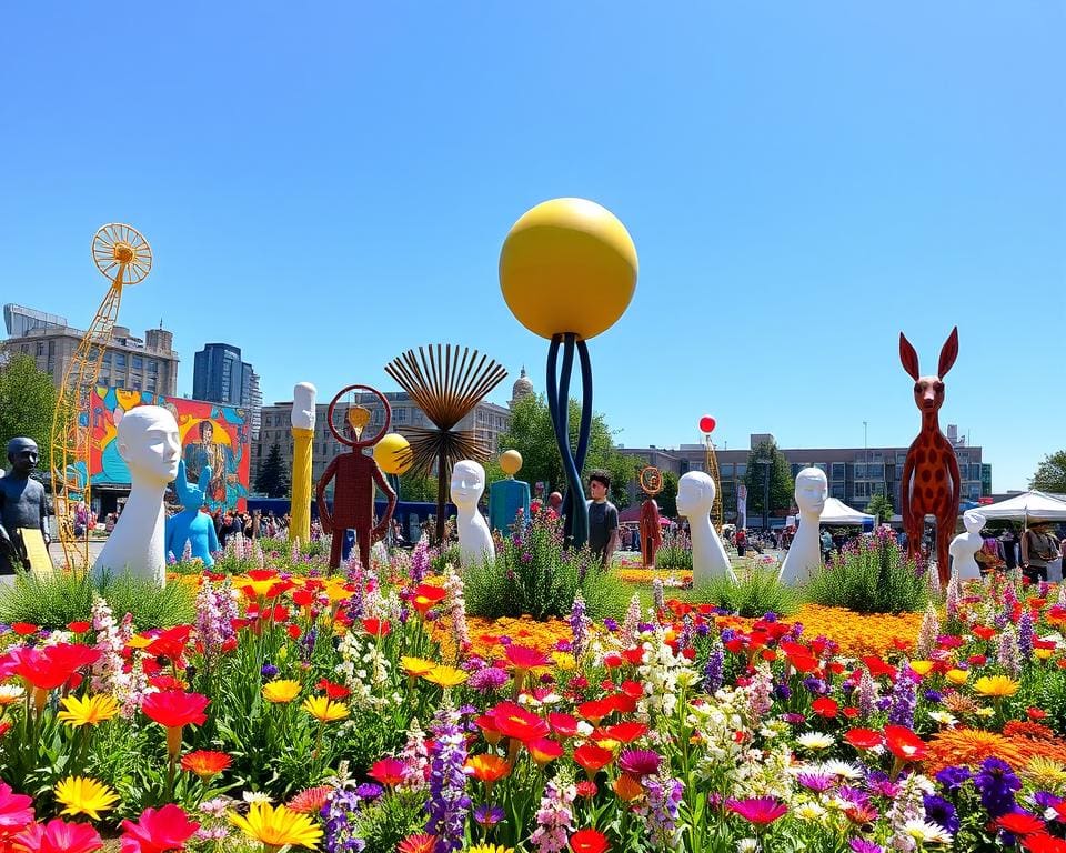 Bezoek een stadstuin vol bloemen en kunstinstallaties