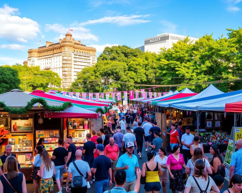 Ga naar een stadsfestival met straatoptredens en kunstmarkten