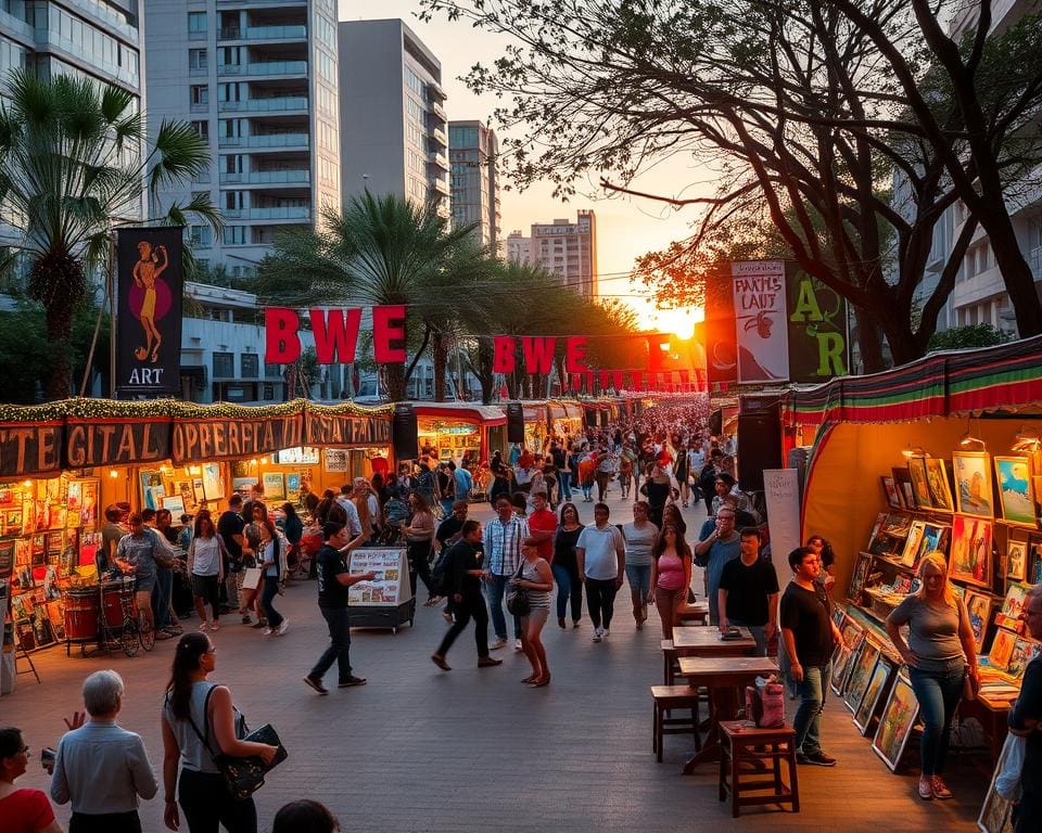 Ga naar een stadsfestival met straatoptredens en kunstmarkten