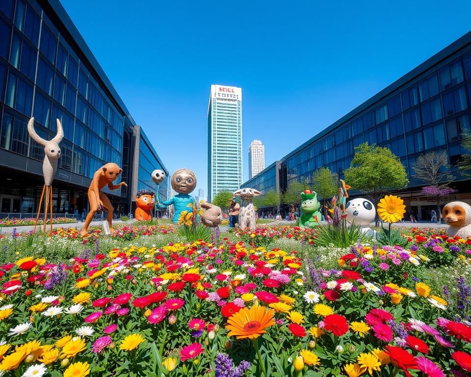 stadstuin met bloemen en kunstinstallaties